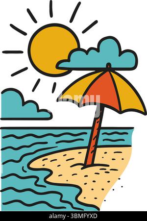 Ein handgezeichnetes Strandkritzelchen mit einem orange-gelben Sonnenschirm, welligem Ozean, Wolken und einer hellen Sonne, geschaffen in Vektorlinien-Kunst Stock Vektor