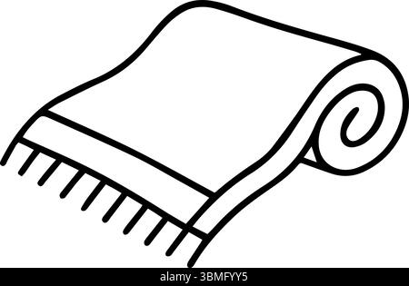 Eine Abbildung zeigt eine teilweise gerollte Decke oder einen Teppich. Es hat einen Fransen an einem Ende und ist mit einem einfachen handgezeichneten Linienstil gezeichnet Stock Vektor