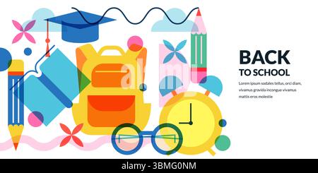 Back-to-School farbenfrohes Banner-Poster-Design. Vektor geometrische flache Illustration von Rucksack, Buch, Wecker, Bleistifte, Mörtelplatte. Lernen und Ed Stock Vektor