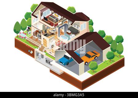 Eine Vektorillustration der isometrischen Ansicht des äußeren und inneren Ausschnitts des Hauses Stock Vektor