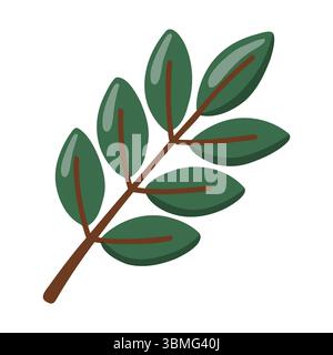 Herbstzweig mit dunkelgrünen ovalen Blättern und braunem Stiel. Dekoratives Laub. Karikaturvektor isolierte Illustration Stock Vektor