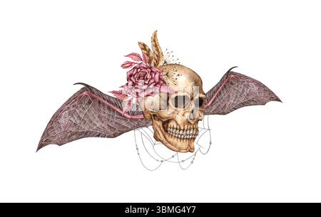 Menschlicher Schädel realistisches Profil mit Fledermausflügeln Rose und Spinnennetz Aquarellillustration. Knochen im gotischen Stil. Tag der Toten, Halloween, Dia de lo Stockfoto