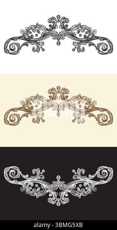 Kalligraphische einfarbige, kunstvolle Motive, wirbelnde Designelemente. Filigrane Vintage-Hochzeitsrolle mit Blumenschmuck aus Damast. Retro-Muster gravieren. Vektor Stock Vektor