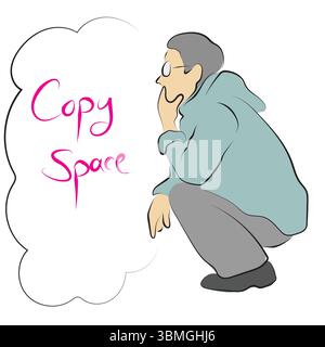 Mann mit Brille sitzt und denkt vor der Blase leeren Raum Illustration Vektor Hand gezeichnet mit schwarzen Linien isoliert auf weißem Hintergrund. Stock Vektor