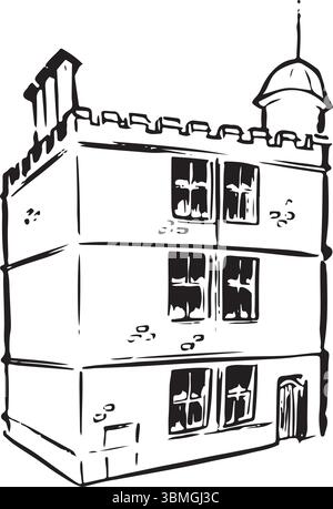 Sheffield Manor Lodge, Sheffield, England, Skizze mit schwarzer und weißer Tinte. Historische Tudor-Ruinen mit charmantem Mauerwerk und reiches Erbe. Tourismus, Reisen Stock Vektor