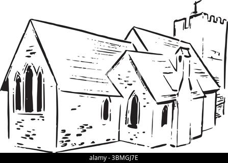 Mittelalterliche Steinkirche mit quadratischem Turm und gotischen Fenstern. Handgezeichnete Schwarz-weiß-Illustration. Geeignet für Bildung, Geschichte oder Religion Stock Vektor