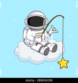 Niedlicher Astronaut Fischen für einen Stern im Himmel Vektor Illustration Cartoon Design Stock Vektor