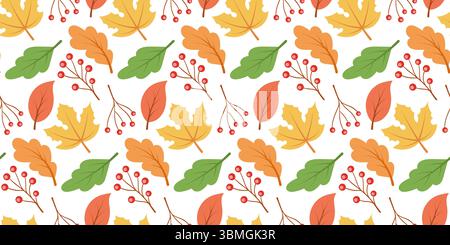 Ein lebhaftes, nahtloses Herbstmuster mit bunten Blättern und Beeren, perfekt für saisonale Designs und Werbeaktionen. Stock Vektor