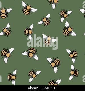 Nahtloses Muster mit Bienen. Kleine Wespe. Vektorabbildung. Design für Einladung, Karten, Textil, Stoff. Doodle-STYLE Stock Vektor