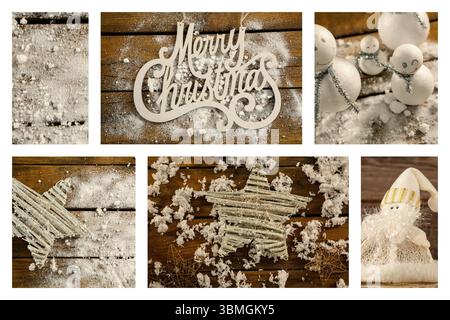 Flache Design-Collage mit Weihnachtsdekoration auf rustikaler, mit Schnee bestaubter Holzoberfläche Stockfoto