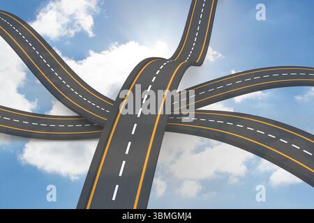 Das surreal flache Design zeigt Asphaltstraßen, die sich über Wolken verwinden, mit gelben Mittellinien Stockfoto