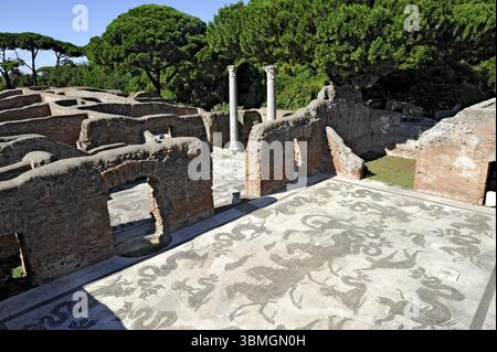 Ruinen mit Mosaiken auf dem Boden der Terme di Nettuno, Thermalbäder des Meeresgottes Neptun, römisches Badehaus, alte Hafenstadt Rom, Ausgrabung Stockfoto