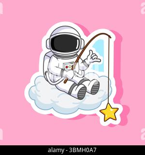 Aufkleber des Astronauten Fischen für einen Stern auf einer Wolke Vektor Illustration Cartoon Design Stock Vektor