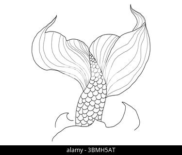 Vintage-Skizze mit Meerjungfrauen-Schwanz im Tattoo-Stil. Schwarze Linienzeichnung mit Skalen, Spritzern und Fantasy-Meeressymbolen. Isolierter Vektor für Retro-Marine-Dekor. Vektorabbildung Stock Vektor