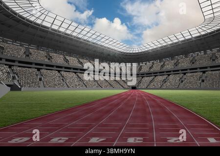 Rotes, ovales Gleis, das sich in Richtung Tunnel unter den Stühlen erstreckt, inmitten eines grasbewachsenen Feldes in flacher Bauweise, geschwungenem Dach Stockfoto
