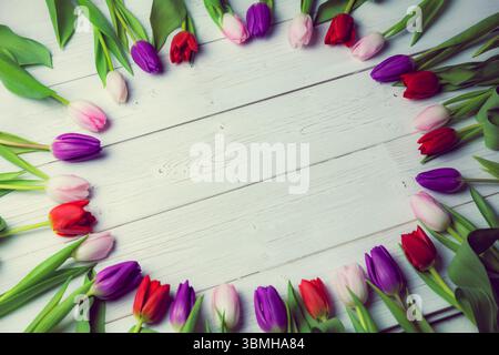 Farbenfrohe Tulpenblüten und grüne Blattränder umrahmen die leere Mitte auf rustikalen weißen Planken Stockfoto