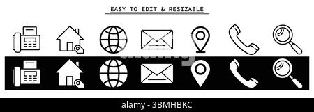 Einfache Kontaktsymbole: Schwarzweiß-Liniengrafik, Website und geschäftliche Nutzung. Stock Vektor
