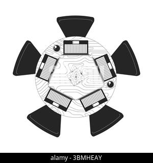 Draufsicht auf runden Tisch mit Laptops und Kaffeetassen, 2D-Zeilenobjekt Stock Vektor