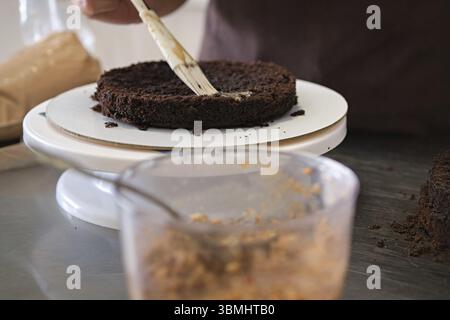 Die Konditorin imprägniert Schokoladenkuchen auf dem Stand aus nächster Nähe. Kuchenherstellung, selektiver Fokus Stockfoto