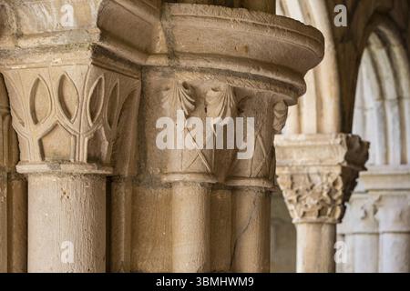 Hauptstadt mit Pilgermuscheln nach Santiago, Kloster Santa Maria la Real de Iranzu, Kreuzgang, 12. - 14. Jahrhundert, Jakobsweg, Abarzuza, Navar Stockfoto