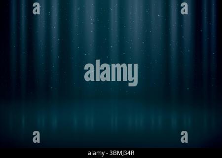 Abstrakter dunkler Hintergrund mit vertikalen blauen Strahlen und kleinen leuchtenden Lichtpartikeln Stock Vektor