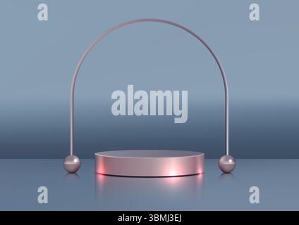 Zylindrisches Podium aus 3D-Roségold mit reflektierender Oberfläche, eingerahmt von einem geschwungenen Bogen und zwei Kugeln, auf einem gedämpften blauen Hintergrund, Luxusprodukt moc Stock Vektor
