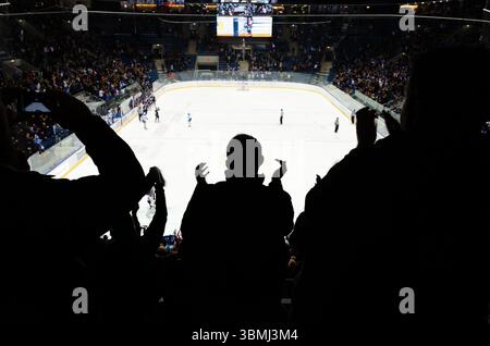 Ein Hockeyspiel wird in einem Stadion ausgetragen. Die Menge jubelt ihr Team an. Ein Mann sitzt auf der Tribüne und schaut das Spiel zu Stockfoto