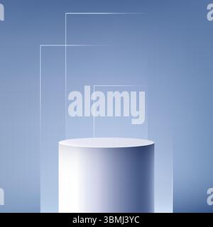 Ruhiges, kühl gefärbtes, weißes zylindrisches Podium in 3D auf einer reflektierenden Oberfläche mit blauem Hintergrund, moderne Produktpräsentationsmodelle. Transparentes Glas, iminimalistisch Stock Vektor