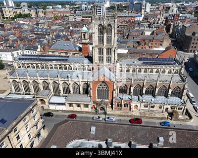 areal Views of Hull Minster ist eine anglikanische Kirche im Zentrum von Hull. Die Kirche hieß Holy Trinity Church. East Riding of Yorkshire, England Stockfoto