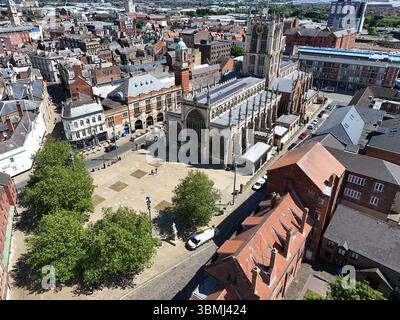 areal Views of Hull Minster ist eine anglikanische Kirche im Zentrum von Hull. Die Kirche hieß Holy Trinity Church. East Riding of Yorkshire, England Stockfoto