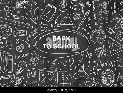 Back-to-School-Tafel mit handgezeichnetem Schulmaterial. Bannerdesign mit Tafel. Bildungskonzept, Textraum, Informationsankündigung. Notizbuch, Bleistift, Kugel, Aufgaben, Karte, Bücher kritzeln Clipart. Stock Vektor