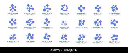 Wissenschaft Logo Set Bio Nero Lab Emblem Molekül Icon, Zelle Division Zeichen verbunden Punkt Stil, abstrakte molekulare Struktur für medizinische Pharmazeutik Stock Vektor