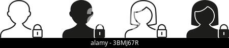 Symbolgruppe Für Datenschutzsperre Für Benutzerprofil. Beschreibung Der Sicherheit Und Vertraulichkeit Personenbezogener Daten Und Sammlung Von Silhouette-Symbolen. Benutzerschutz Und Datenschutz Stock Vektor