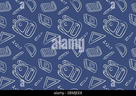 Nahtloses Muster mit Schreibwaren, Übungsbuch, Taschenrechner, Rucksack, Lineal auf blauem Hintergrund im Line Art Stil. Stock Vektor