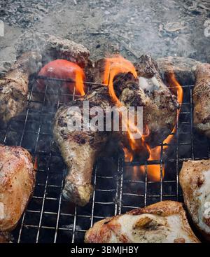 Grillen von Hähnchenschenkeln auf Holzkohle und Brennholz. Stockfoto
