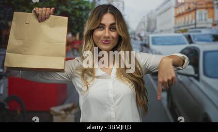 Junge blonde Frau hält Papiertüte und zeigt Finger an Tasche auf einer belebten Stadtstraße; Marketing Promotion Verkauf Shopping. Stockfoto
