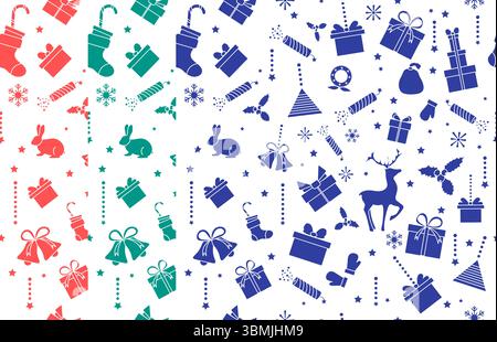 Weihnachtsmuster mit Strümpfen, Geschenken, Hirsch und mehr in Rot, Blau, Grün auf weißem Hintergrund Vektor Stock Vektor