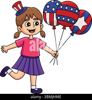4. Juli Mädchen mit Ballons Cartoon Clipart Stock Vektor