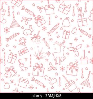 Weihnachtsmotiv mit festlichen Ikonen wie Geschenken, Rentieren und Dekorationen Vektor Stock Vektor