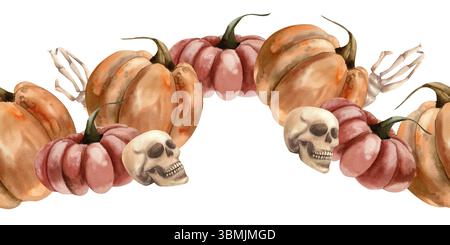 Halloween gruselige Gothic nahtlose Grenze mit bunten Kürbissen, menschlichem Schädel und Knochen Aquarellillustration. Isoliertes Herbstbanner für mexikanische Dead d Stockfoto