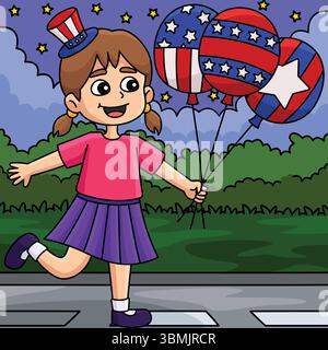 4. Juli Mädchen mit Ballons farbigen Cartoon Stock Vektor