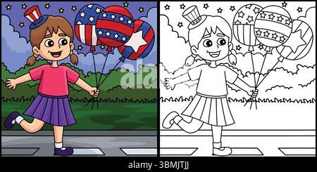 4. Juli Mädchen mit Ballons Illustration Stock Vektor