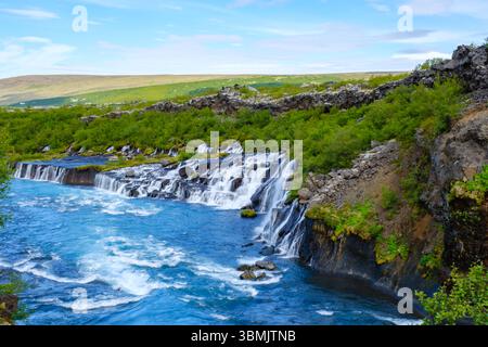 Erleben Sie die atemberaubenden Wasserfälle Barnafoss und Hraunfossar, die durch zerklüftete Landschaften in Island kaskadieren. Üppiges Grün umgibt das pulsierende blaue Wasser und schafft eine ruhige Atmosphäre. Stockfoto