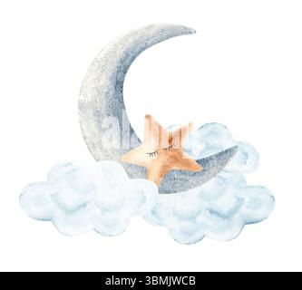 Aquarellfarben niedlicher Stern schläft auf dem Mond mit Wolken. Handgezeichnete Illustration im Vintage-Stil. Stockfoto