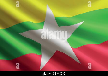 Im Wind winkende Nationalflagge Myanmars, realistische, detailgetreue Seidenstruktur Stock Vektor