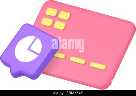 3D-Symbol realistische Vektorillustration mit rosafarbener Kreditkarte und Tortendiagramm innerhalb einer lila Sprechblase, ideal für Finanzen, Banken und digitale Busse Stock Vektor