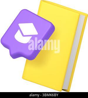 Akademische Hut auf gelbem Buch symbolisiert Bildung, Lernen, Abschluss und akademische Leistung in modernem farbenfrohen Stil. 3D-Symbol realistisch ve Stock Vektor