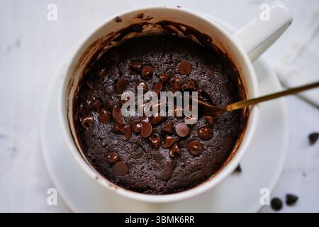 One Minute Microwave Brownie | Schokoladenkuchen in einem Becher, selektiver Fokus Stockfoto