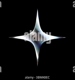 3D-Chromstern in Y2K-Ästhetik. Glänzende silberne Metallic-Form mit holografischem Glanz und fließendem Glanz. Futuristisches Vektorsymbol mit abstraktem Burst-Effekt und kosmischem Funkeln auf schwarzem Hintergrund. Stock Vektor