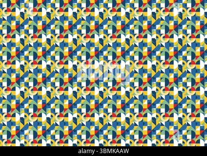 Ein farbenfrohes, geometrisches, nahtloses Muster im Retro-Stil mit tessellierten Quadraten, Dreiecken, Viertelkreisen und herzähnlichen Formen Stock Vektor